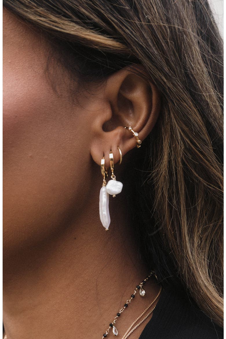 Alexandria Cultured Pearl Drop Huggie Hoop Earrings, Alternate, color, GOLD