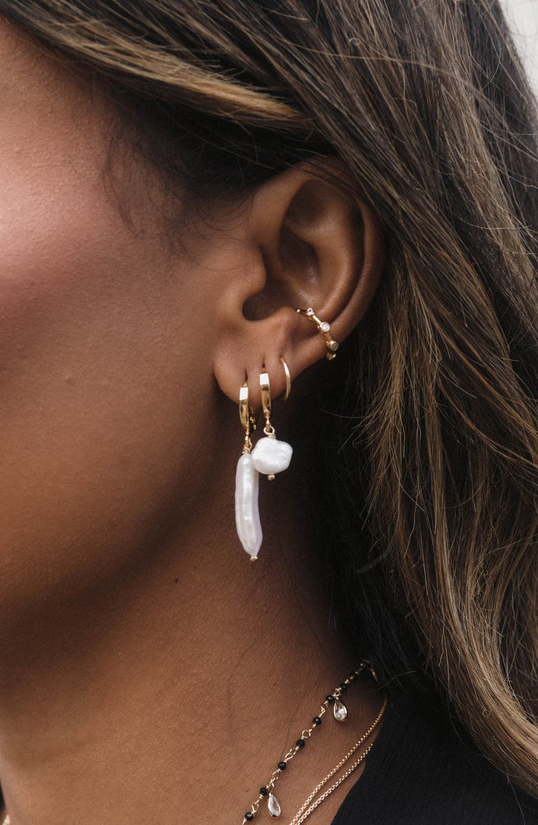 Child of Wild Alexandria Cultured Pearl Drop Huggie Hoop Earrings, Alternate, color, Gold