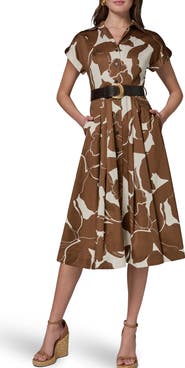 Donna Karan New York Floral Belted Stretch Cotton Midi Shirtdress
