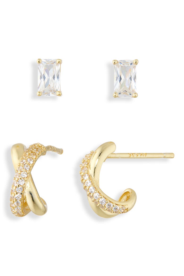 Pack of 2 Crystal Stud & Mini Huggie Hoop Earrings Set, Alternate, color, GOLD
