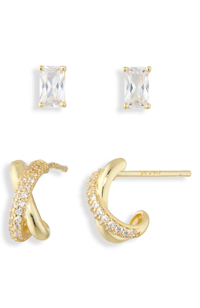 ARGENTO VIVO Pack of 2 Crystal Stud & Mini Huggie Hoop Earrings Set, Alternate, color, Gold