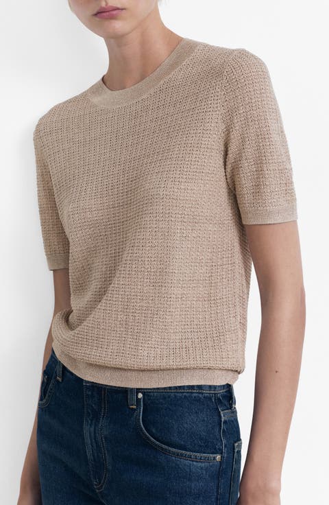 Short Sleeve Metallic Crewneck Sweater (Regular & Plus)