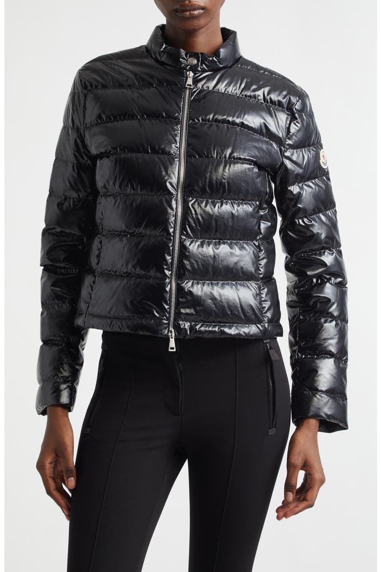 Papillon Crop Lacquered Nylon Puffer Jacket, Main, color, BLACK
