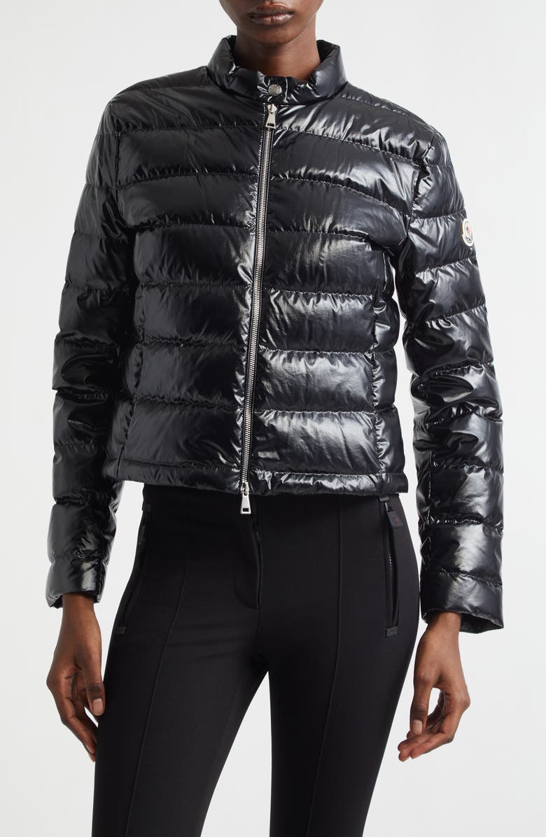 Moncler Papillon Crop Lacquered Nylon Puffer Jacket, Main, color, Black