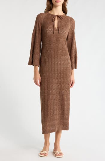 Elan Pointelle Cover-up Midi Sweater Dress In Brown