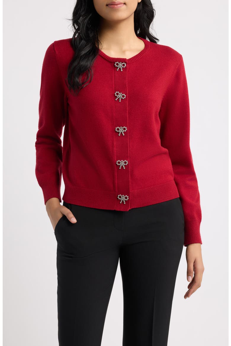 Embellished Bow Button Cardigan, Main, color, TITIAN RED