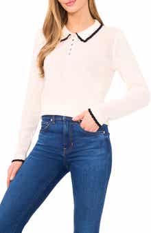 CeCe Contrast Trim Pointelle Cotton Polo Sweater