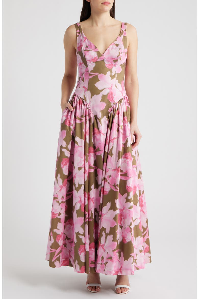 Jemma Floral Maxi Dress, Main, color, OLIVE/ PINK WATERCOLOR ORCHIDS