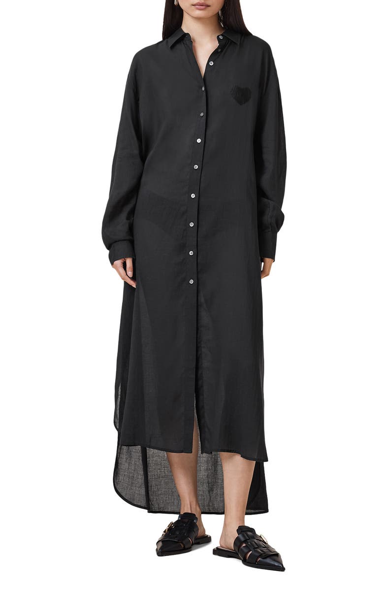 AllSaints Ezra Long Sleeve High-Low Maxi Shirtdress, Main, color, 