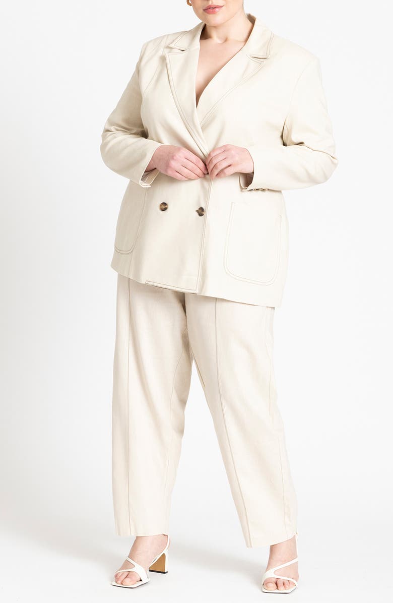 ELOQUII Topstitch Detail Double Breasted Linen Blend Blazer, Alternate, color, 