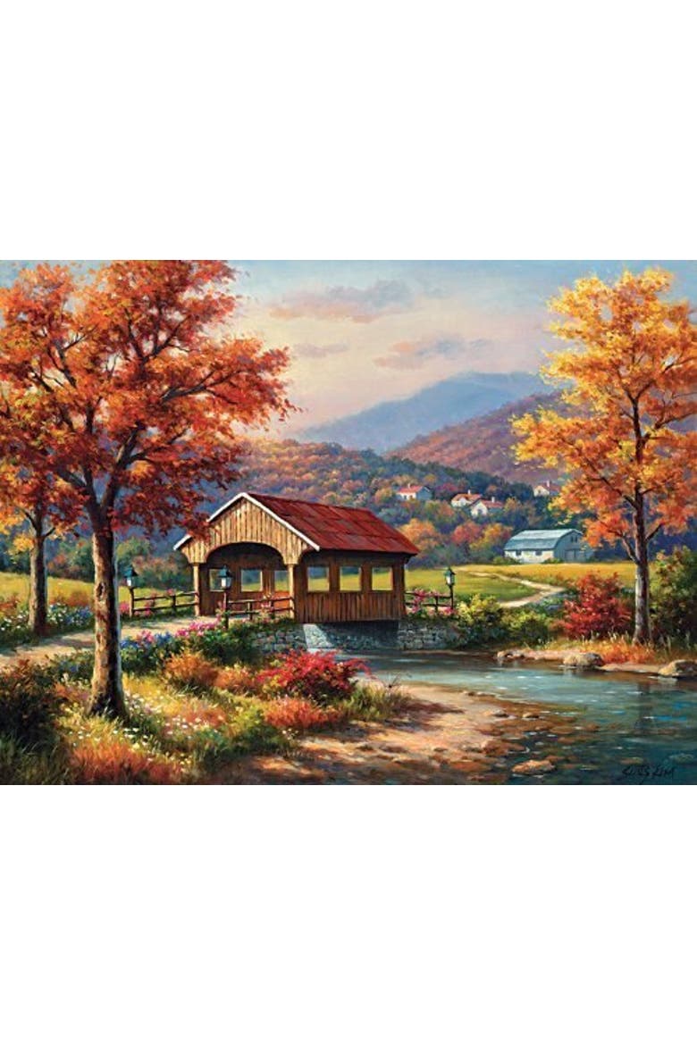 Fall at the Covered Bridge a 1000 piece Jigsaw Puzzle for Adults, Alternate, color, Multicolor