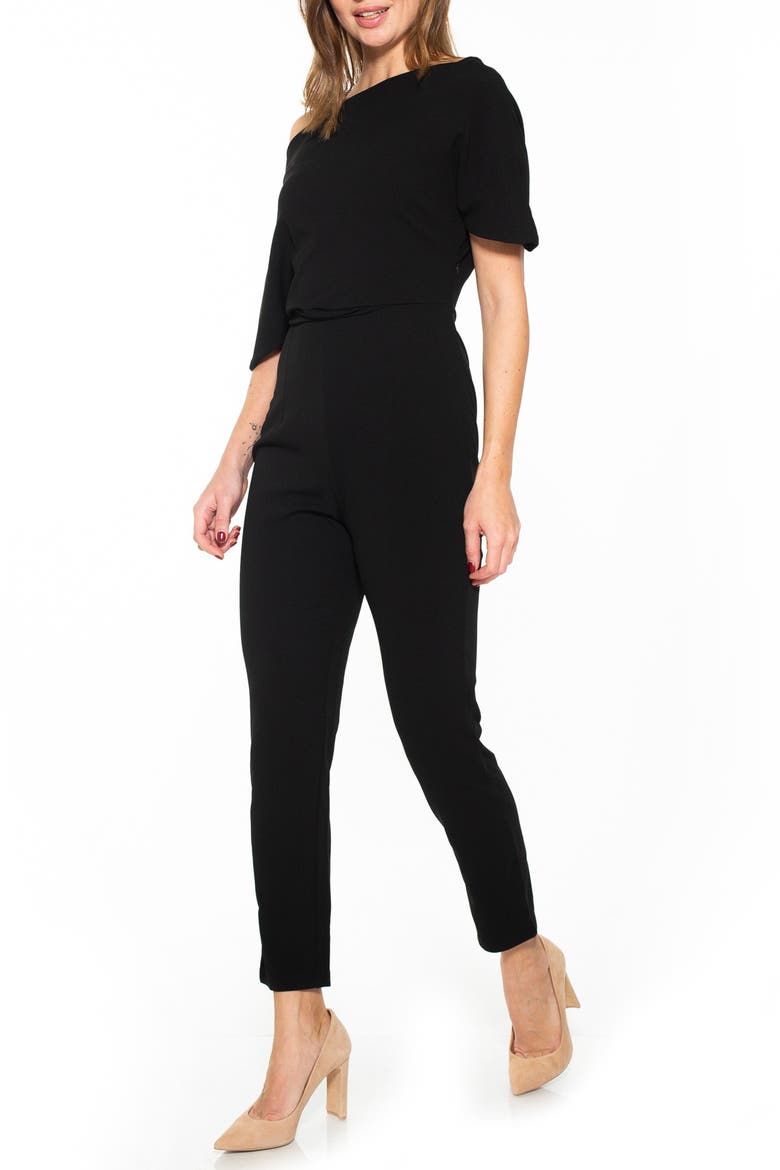 Draped One-Shoulder Jumpsuit, Main, color, BLACK