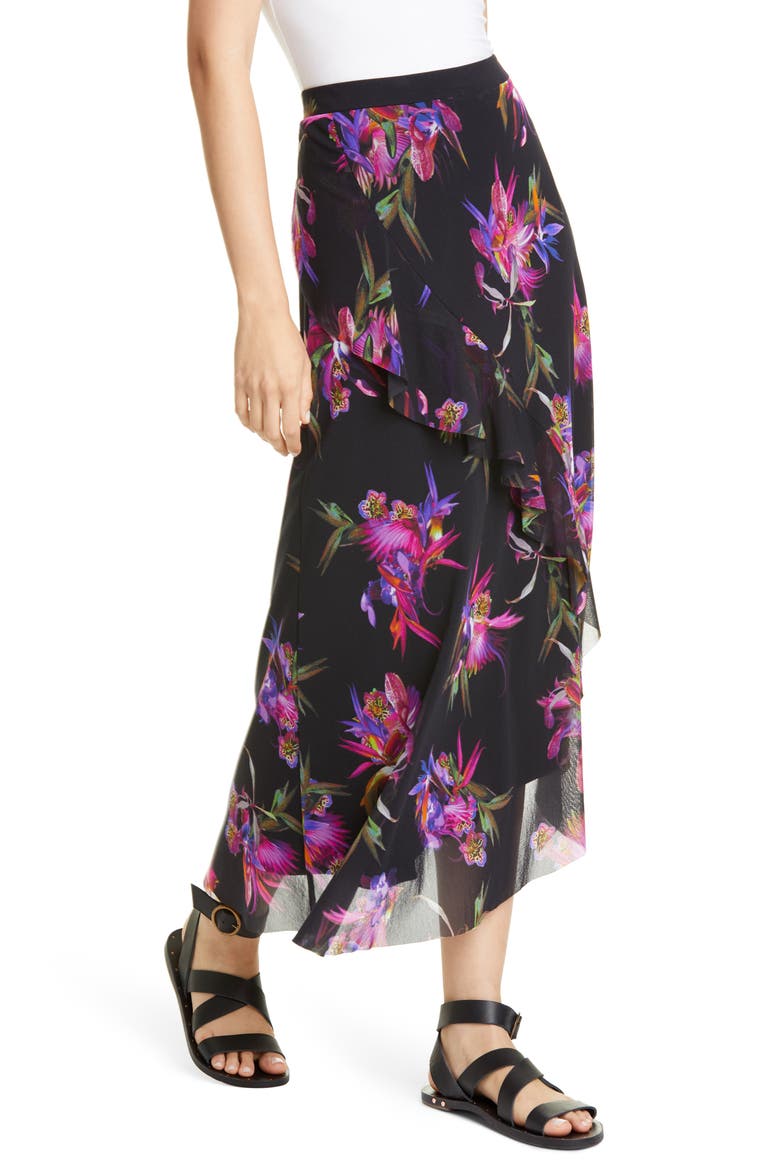 Floral Ruffle Asymmetrical Midi Skirt, Alternate, color, NERO