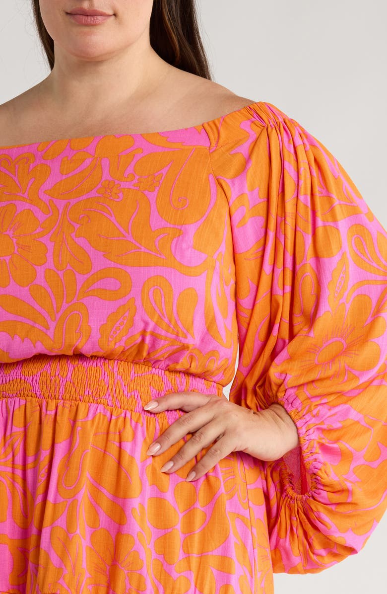 SUGARLIPS Kaci Floral Bea Off the Shoulder Long Sleeve Minidress, Alternate, color, Orange/ Fuchsia