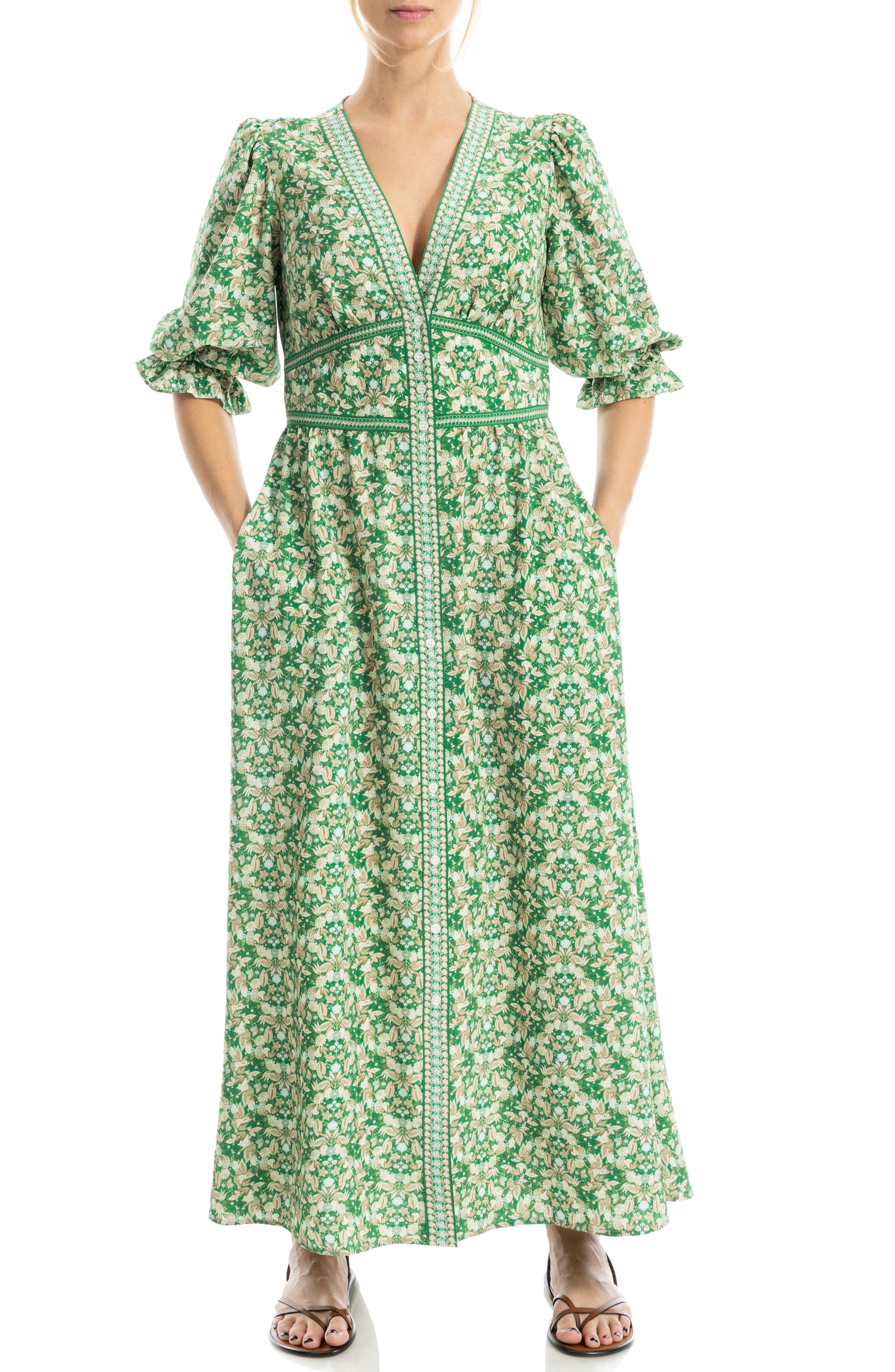 MAX STUDIO V-Neck Puff Sleeve Maxi Dress