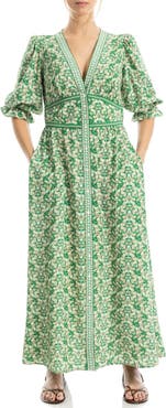 MAX STUDIO V-Neck Puff Sleeve Maxi Dress