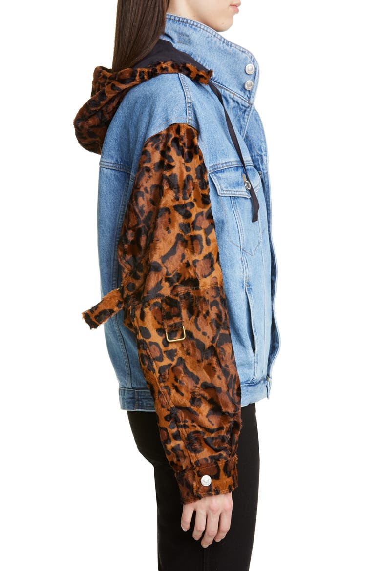 Leopard Hooded Denim Jacket, Alternate, color, LIGHT DENIM DARK