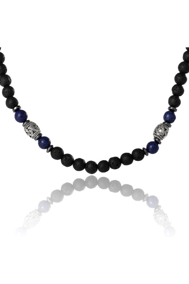Men's Lava Rock & Lapis Beaded Necklace, Silver-Tone Barrel Accents, 22", Main, color, Black