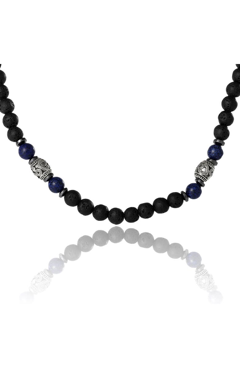 Lucky Brand Men's Lava Rock & Lapis Beaded Necklace, Silver-Tone Barrel Accents, 22", Main, color, Black