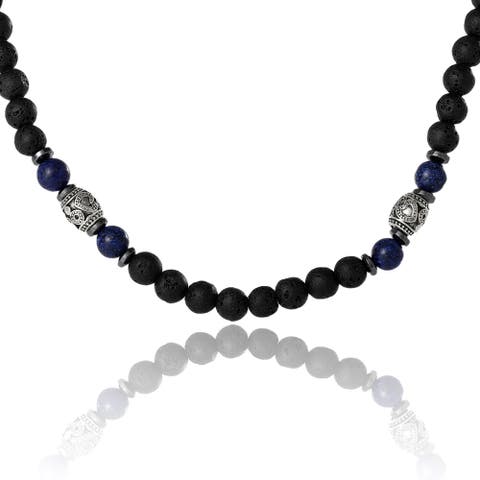 Men's Lava Rock & Lapis Beaded Necklace, Silver-Tone Barrel Accents, 22"