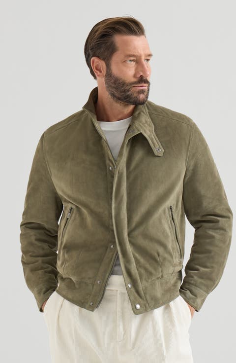 Suede outerwear jacket with Thermore® padding and standing collar
