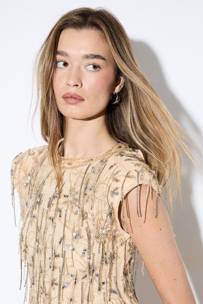 Premium Embellished Beaded Mini Dress, Alternate, color, Nude