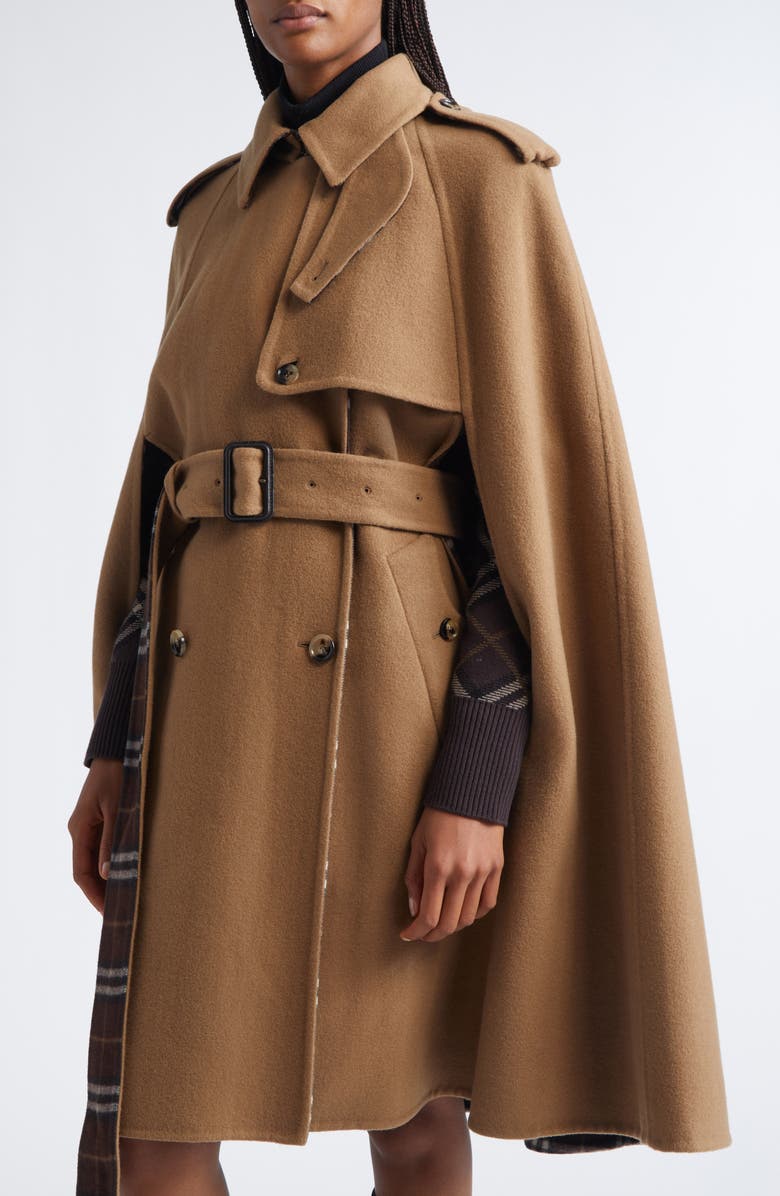 Burberry Bellemont Cape Back Wool Coat, Alternate, color, Camel/ Treacle Brown Check