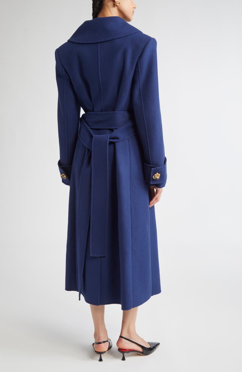 Carolina Herrera Flower Button Wool Long Peacoat, Alternate, color, Dark Navy