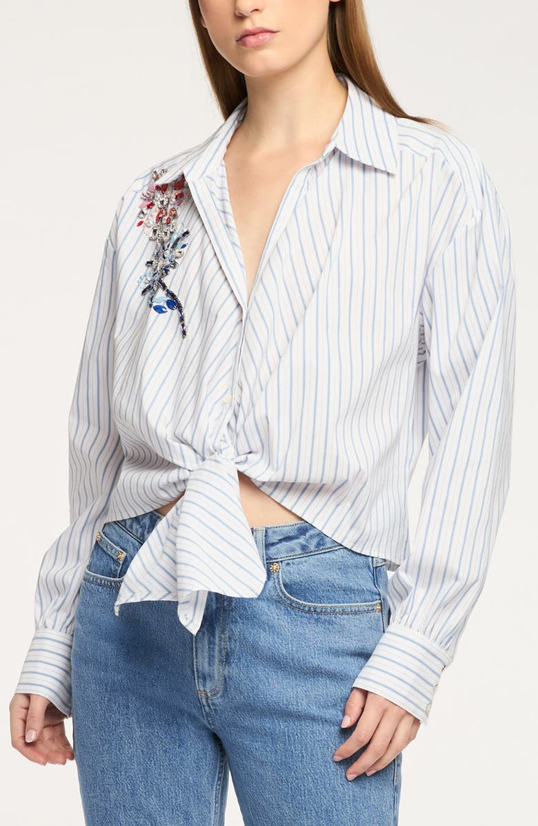 Cinq à Sept Marianna Twilight Spark Appliqué Tie Front Shirt, Main, color, White/ Cornflower