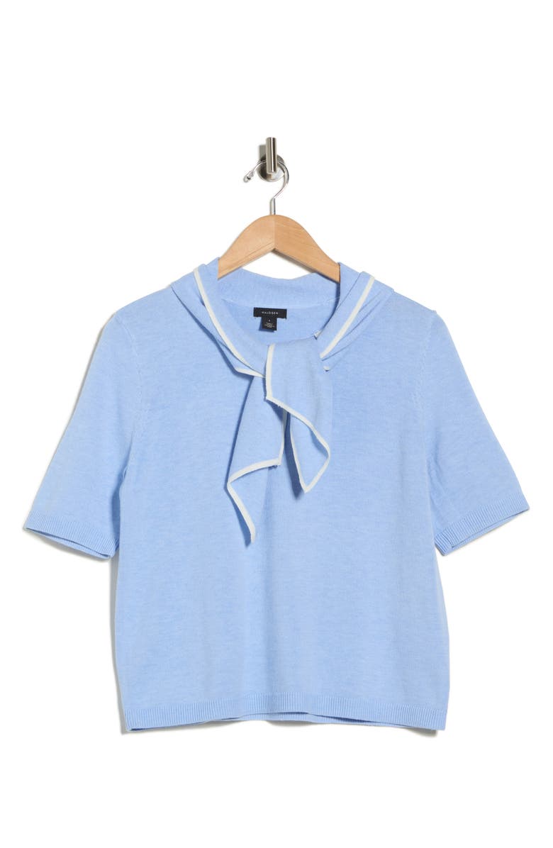 Halogen<sup>®</sup> Tipped Tie Neck Short Sleeve Sweater, Main, color, Sweet Blue/ Ivory