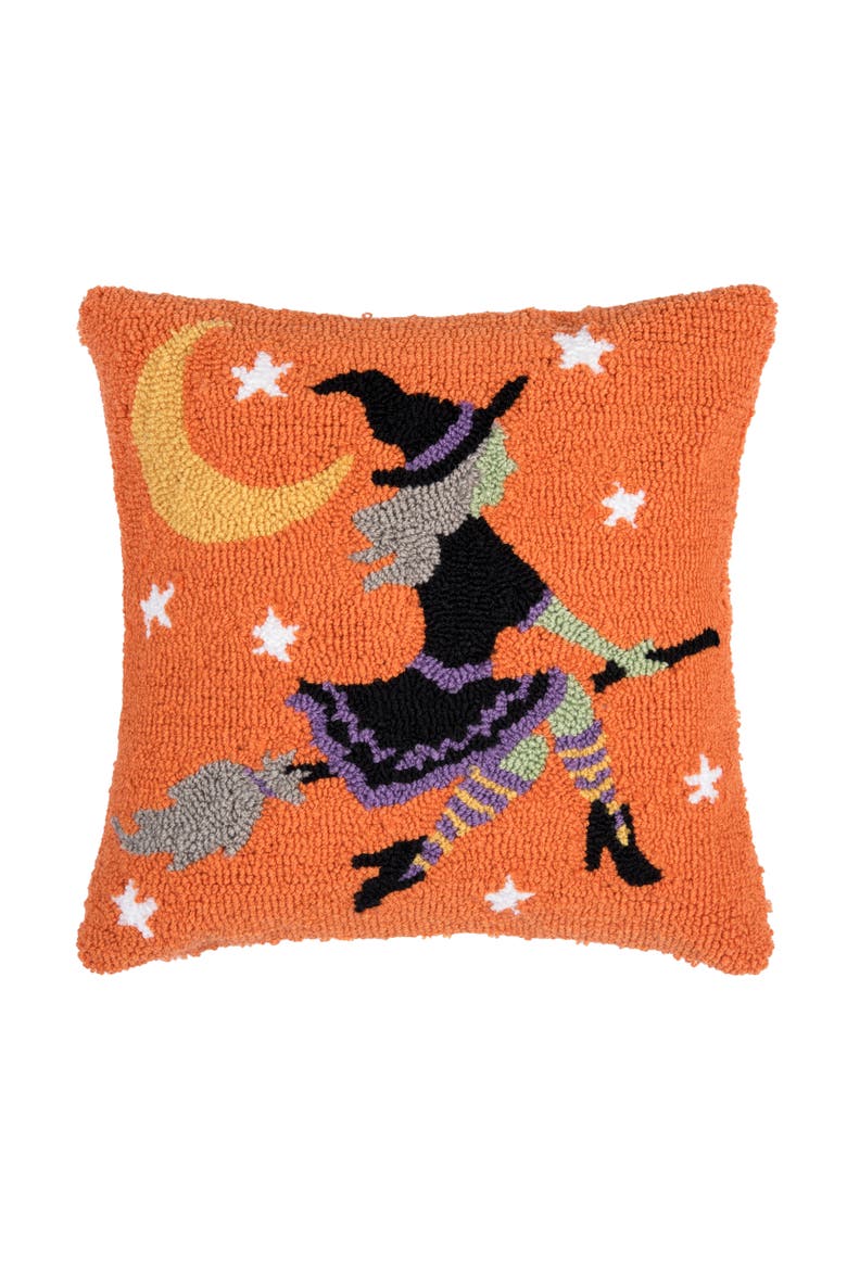 Flying Witch on Broom Moonlight Halloween Hooked Accent Throw Pillow 16" x 16", Main, color, Orange