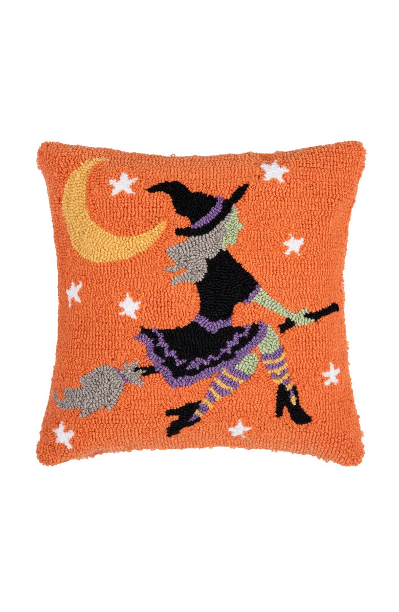 C&F Home Flying Witch on Broom Moonlight Halloween Hooked Accent Throw Pillow 16" x 16", Main, color, Orange