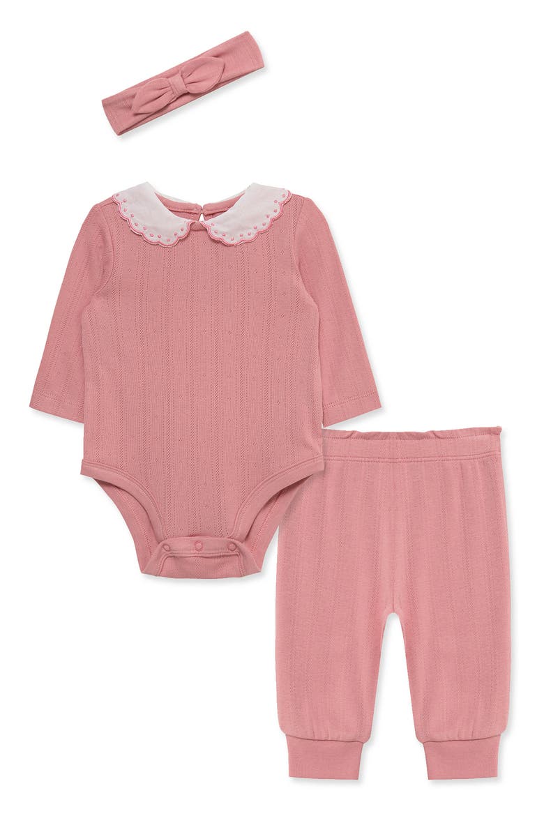 Pointelle Bodysuit, Joggers & Headband Set, Main, color, ROSE