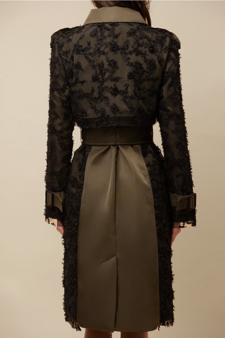 Claw Lace-Trimmed Elegant Cinched Trench Coat, Alternate, color, Black
