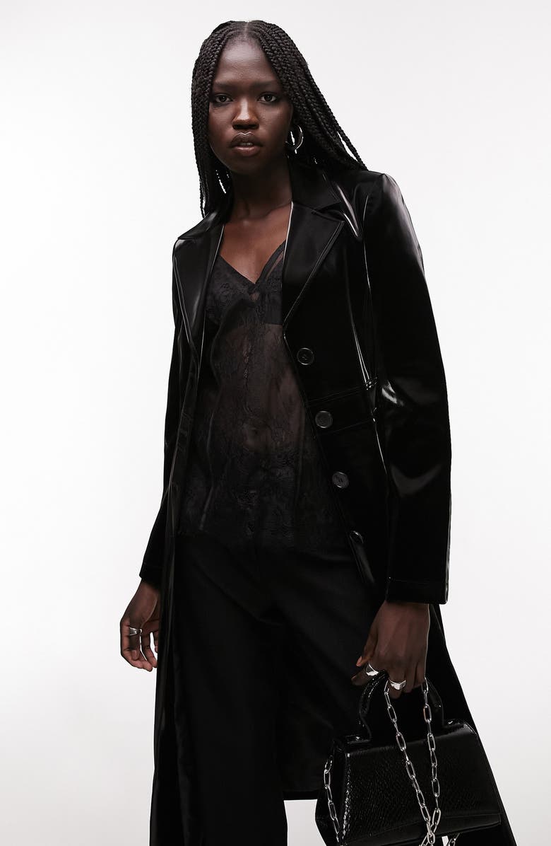 Topshop Liquid Vinyl Trench Coat, Alternate, color, Black