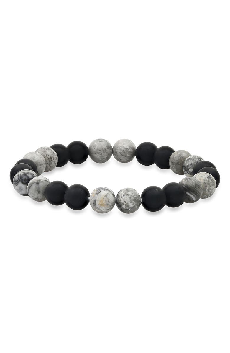 STEELTIME Men's Black Lava & Grey Agate Stone Stretch Beaded Bracelet, Main, color, Black-Gray