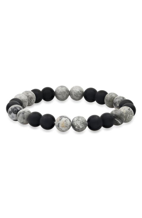 Men's Black Lava & Grey Agate Stone Stretch Beaded Bracelet
