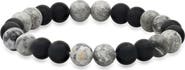 STEELTIME Men's Black Lava & Grey Agate Stone Stretch Beaded Bracelet