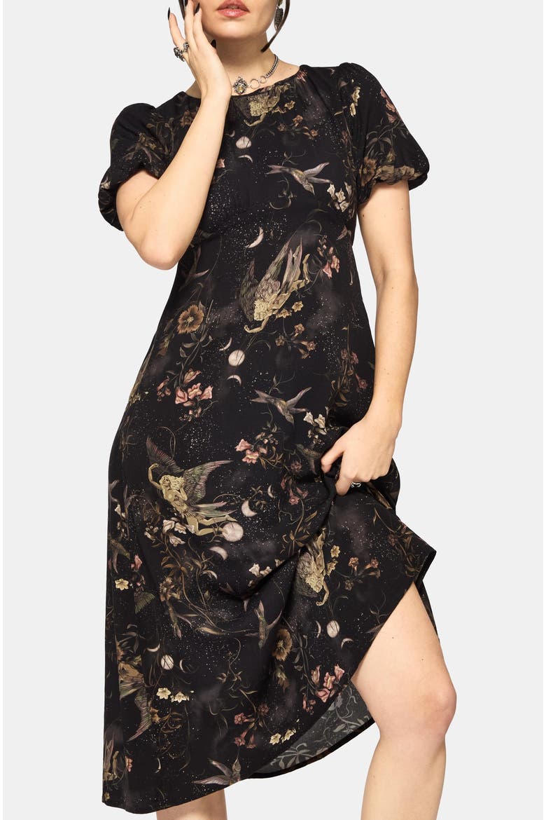 Harpyiai Print Puff Sleeve Midi Dress, Alternate, color, Black