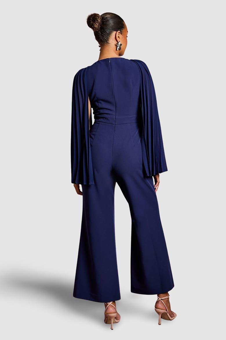 Petite V-Neck Pleated Jumpsuit, Alternate, color, Navy