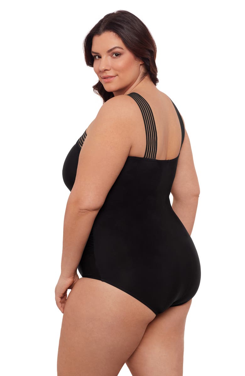 Aqua Green Plus Size Novelty Trim High Criss Cross Neck Full Coverage One-Piece Swimsuit, Alternate, color, Black