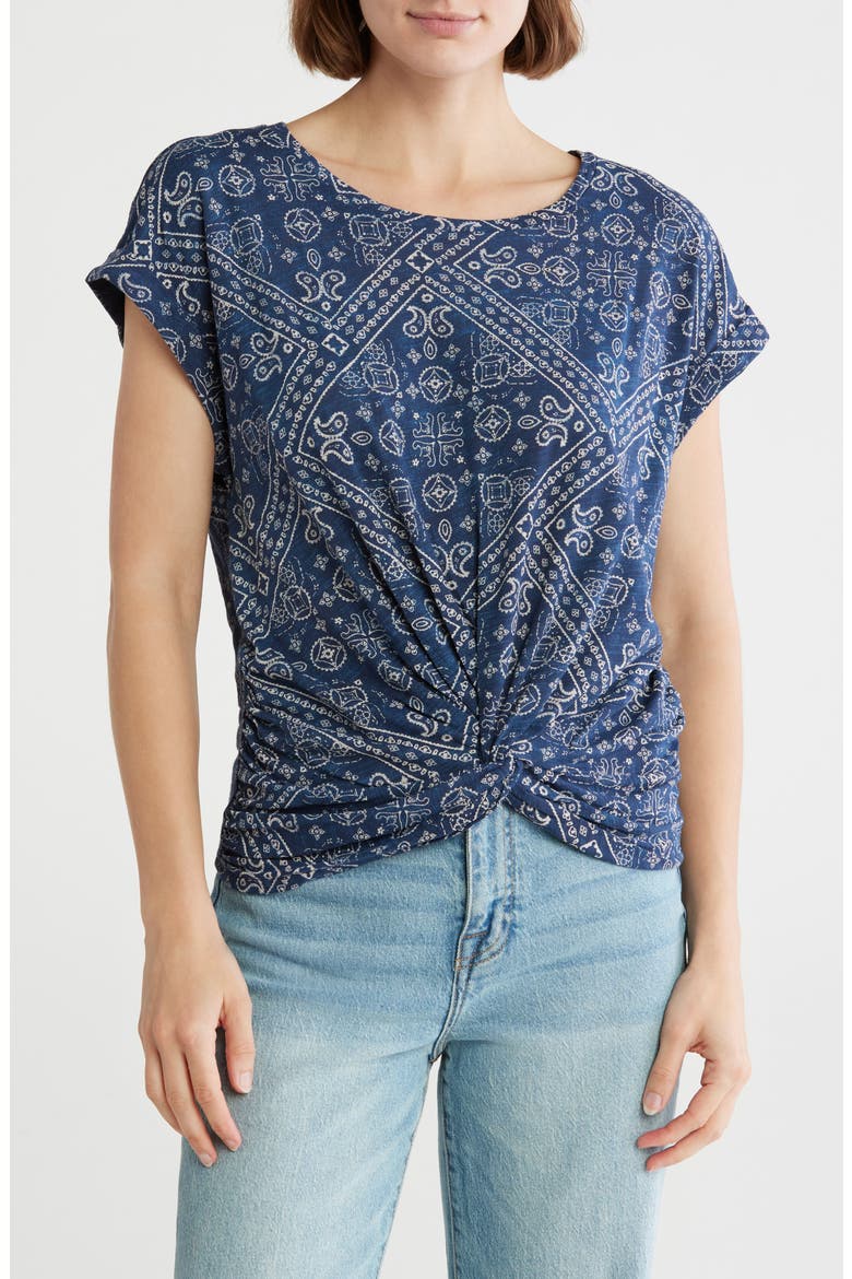 Bandana Print Twist Front T-Shirt, Main, color, NAVY BANDANA PRINT