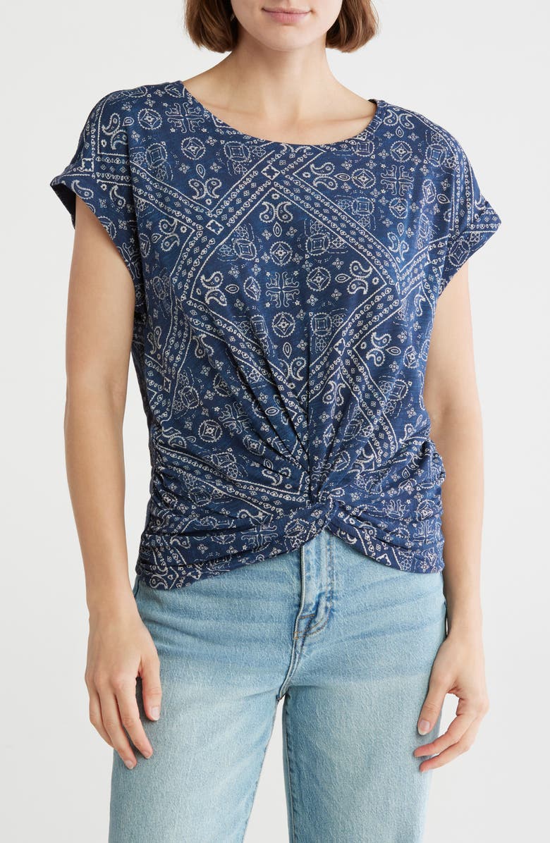 Lucky Brand Bandana Print Twist Front T-Shirt, Main, color, Navy Bandana Print
