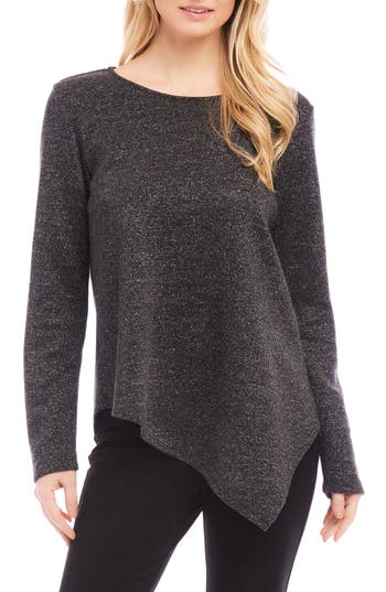 Karen Kane Metallic Sparkle Asymmetric Hem Top In Black With Silver