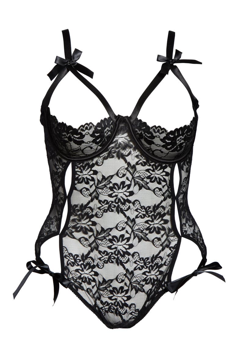 Zara Underwire Open Cup Open Gusset Lace Teddy, Alternate, color, BLACK