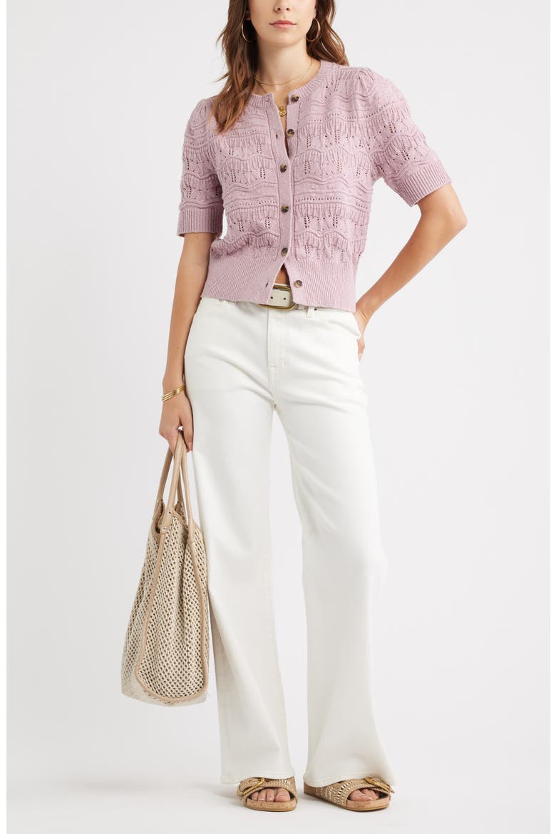 Short Sleeve Pointelle Cardigan, Alternate, color, PURPLE SHADE