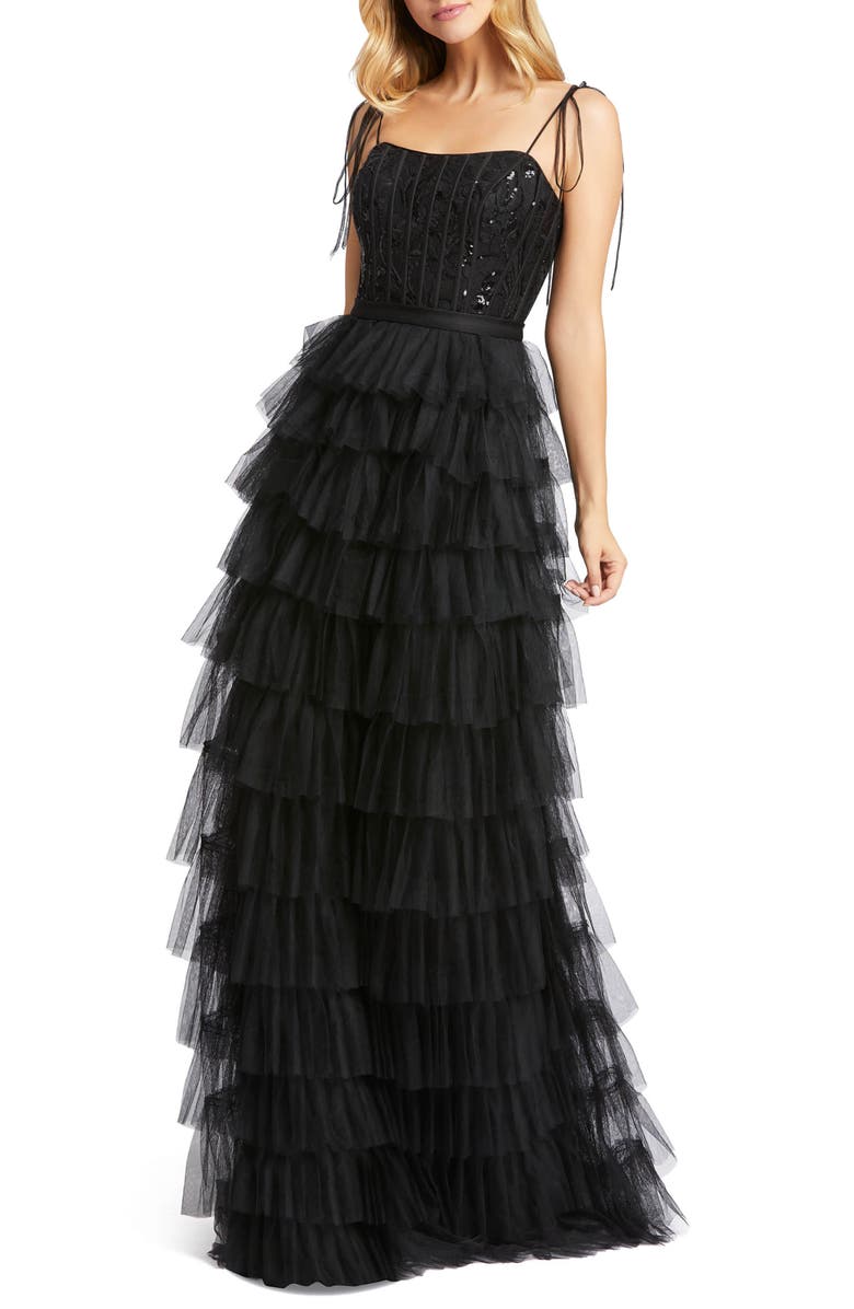 Mac Duggal Women’s Tiered Tulle Ruffle Gown with Sequin Bodice, Main, color, Black