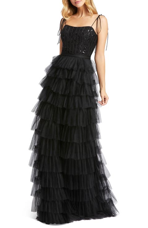 Women’s Tiered Tulle Ruffle Gown with Sequin Bodice
