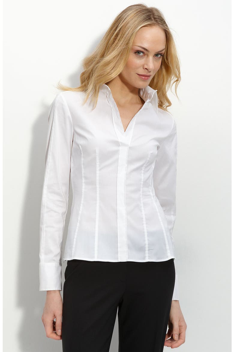 'Bashina' Fitted Cotton Blend V-Neck Blouse, Main, color, WHITE