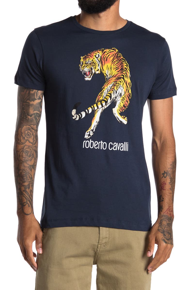 Roberto Cavalli Tiger Logo Print T-Shirt, Main, color, 